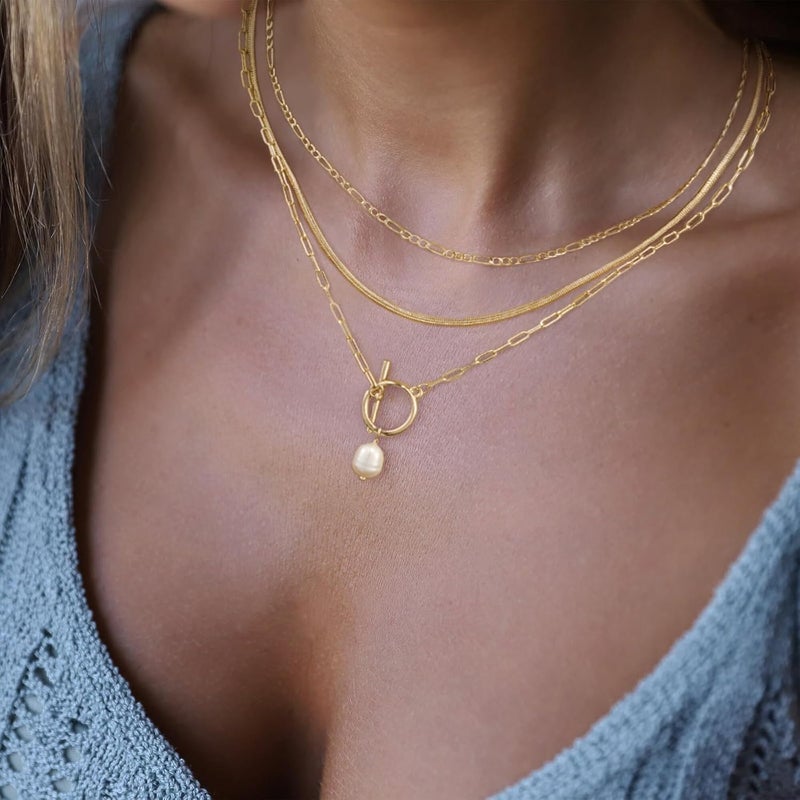 MFRYK Gold/Silver Necklaces Stack For Women,14K Gold/Sterling Silver Plated Simple Layered Choker Necklaces For Women,Stackable Multilayer Pearl Cross Disc Circle Pendant Cuban Herringbone Snake Paperclip Chain Necklaces Set Jewelry Gift for Women - Image 5